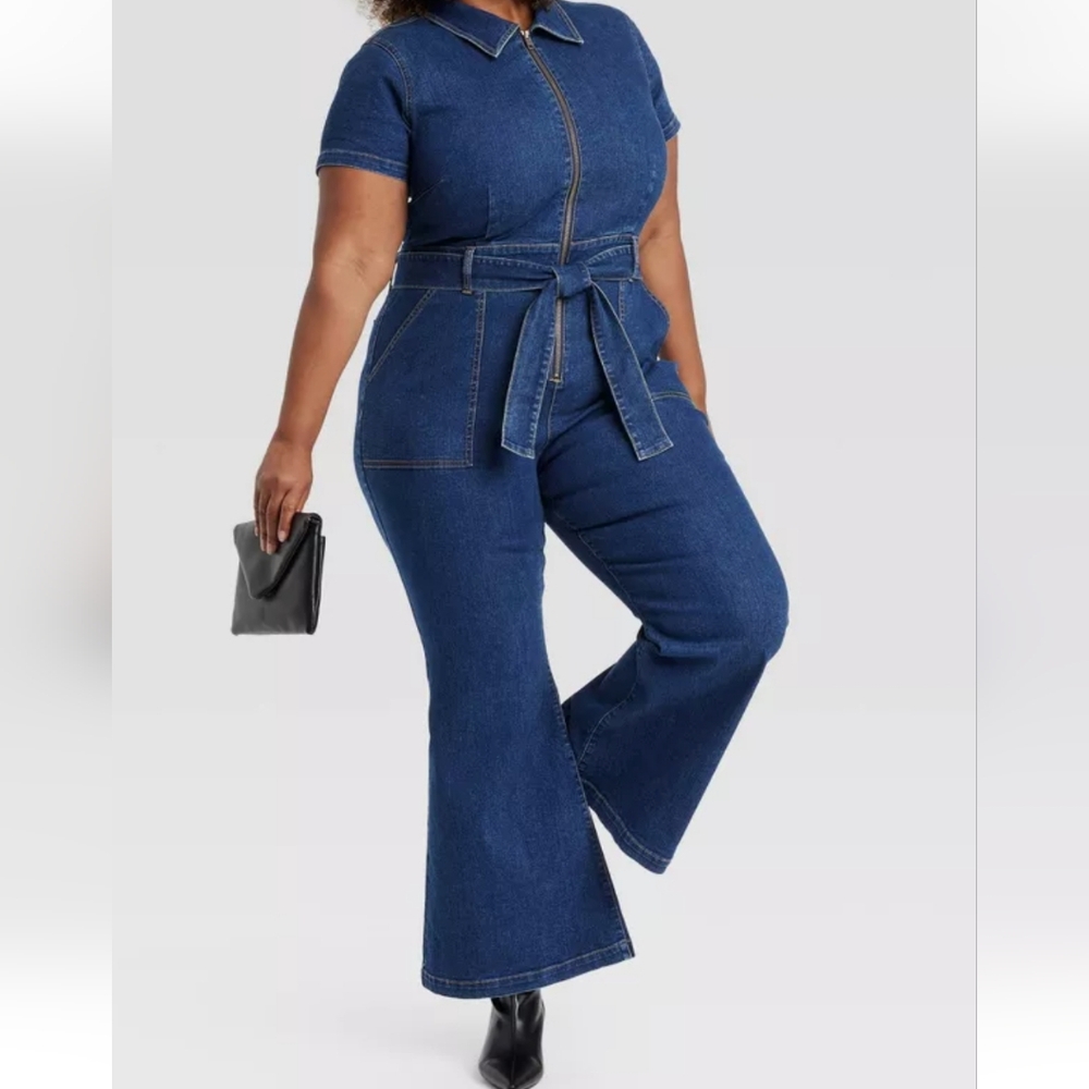 NWT~Ava & Viv~Short Sleeve Flare Denim Sexy Denim Jumpsuit Jumper Jr Plus 17